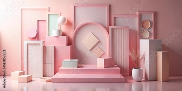 Fototapeta Pastel Pink Geometric Display with Modern Minimalist Design Elements and Decorative Plant