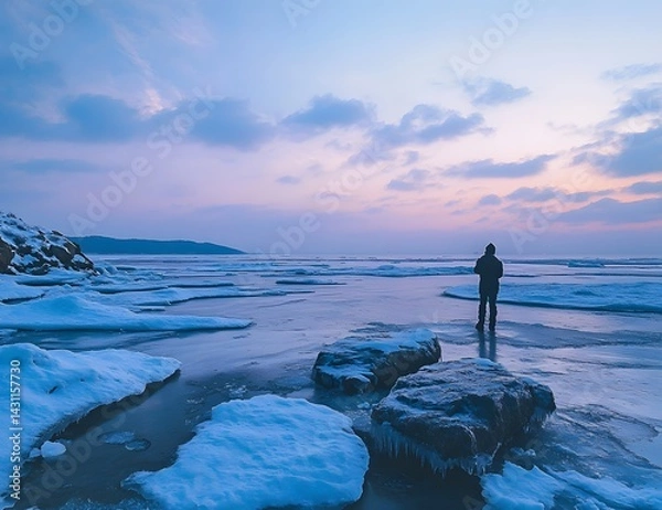 Fototapeta Ice on the sea, flat ice floes, ice in the shape of rocks, a winter landscape, a low-angle shot, a wide view,