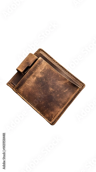 Fototapeta Rustic leather wallet.  Detailed view of a wallet made from aged, distressed brown leather.  Features multiple compartments