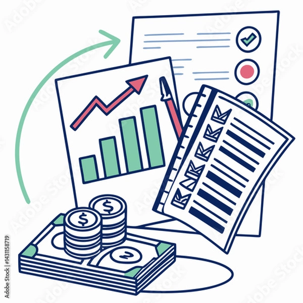 Fototapeta Financial documents and charts in a modern style with copy space
