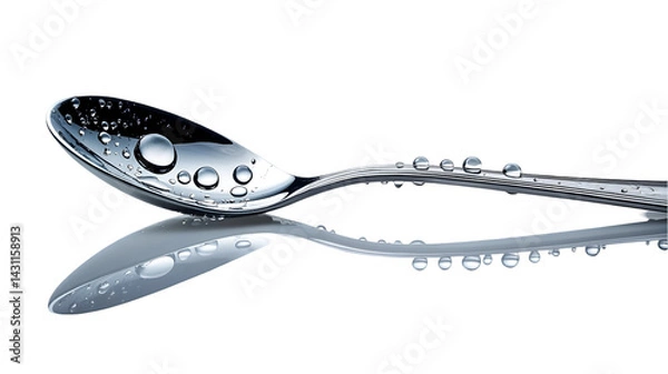 Fototapeta Two spoons with water droplets.  Close-up view of the reflective surfaces and water clinging to the metal