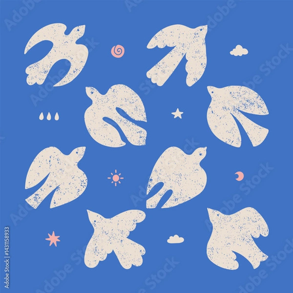 Fototapeta Vintage modern art print elements set in simple wavy and groovy naive style - birds flying in the sky. White flat hand drawn doves with organic texture. Vector groovy illustration.