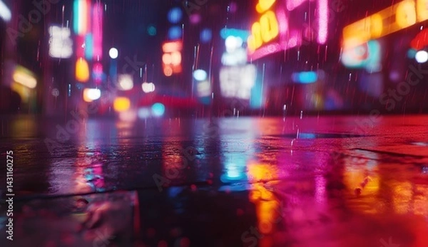Fototapeta Close-up of a wet street with neon light reflections in the rain, blurred city background at night.