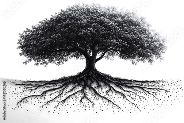 Fototapeta Black and White Tree with Extensive Root System Isolated on a Plain Background