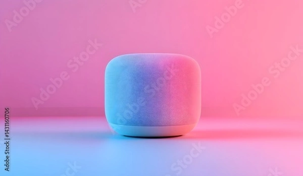 Fototapeta Photo of a smart speaker on the table in front view, with a pink and blue gradient background, home decor style,