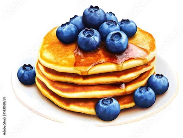 Fototapeta Stack of pancakes topped with blueberries and syrup