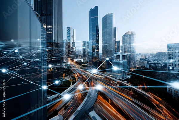 Fototapeta SASE. Secure Access Service Edge data encryption infrastructure. Network protection zero trust. Edge computing. Cloud security. High-tech city infrastructure powered by edge computing technology.