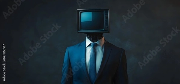 Fototapeta Portrait of a businessman with a TV-shaped head, wearing a blue suit and tie, isolated on a dark background. 
