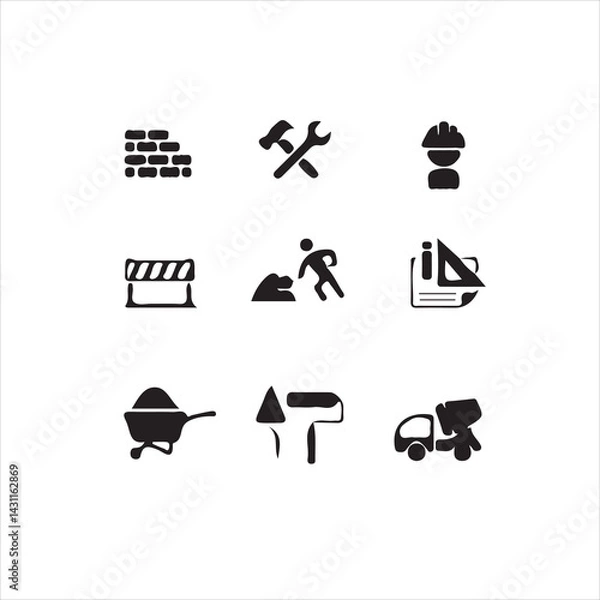 Fototapeta Simple Black and White Construction Icons Set for Design Projects