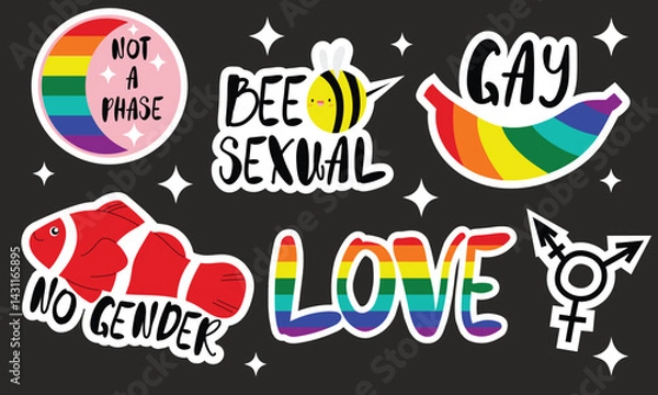 Fototapeta Cute doodle style pride stickers isolated on a dark background. Hand drawn vector illustrations
