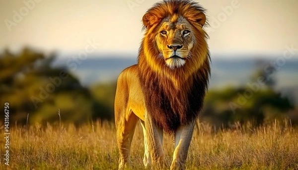Fototapeta A majestic lion standing tall in the savannah, with grass and trees under a sunset sky. 