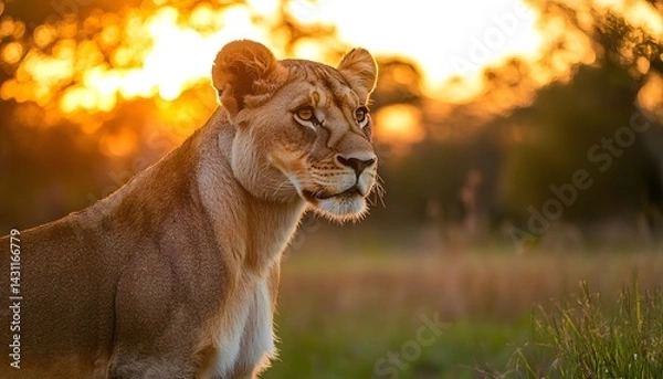 Fototapeta A majestic lion standing tall in the savannah, with grass and trees under a sunset sky. 
