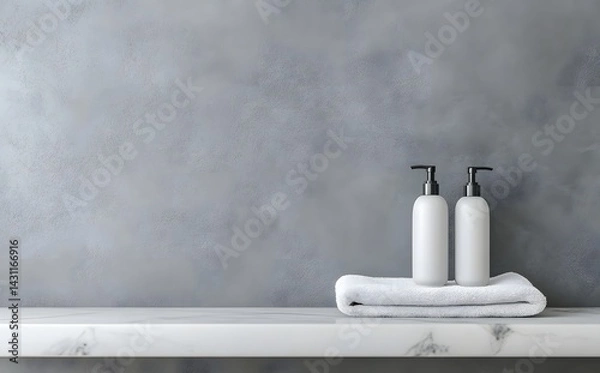Fototapeta A white, blank shampoo bottle and a towel rest on a marble shelf against a grey wall, 