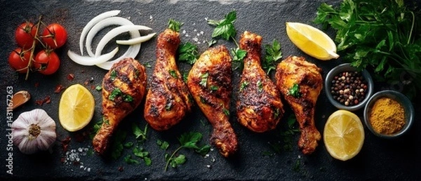 Obraz Delicious grilled chicken legs with fresh herbs and spices on a rustic dark stone background culinary delight savory meal preparation food photography