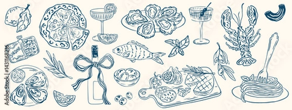 Fototapeta Hand drawn different mediterranean food set. Oysters, pasta, pizza, wine, charcuterie. Dolce vita table setting coast food drawings for cafe or restaurant menus design. Doodle sketch vector