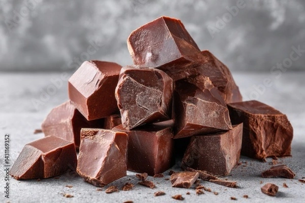 Obraz Delectable dark chocolate chunks piled high against a textured gray backdrop rich in cocoa flavor enticing treat tempting dessert sweet indulgence