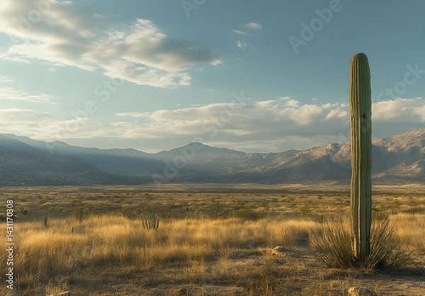 Fototapeta A tall saguaro cactus stands in the foreground of an arid desert landscape with mountains and a valley in the background at sunset