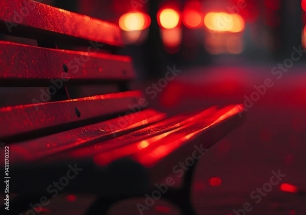 Fototapeta Beautiful wooden benches on the city street, with a background of a red road in the park, bathed in the early morning light.