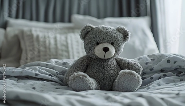 Fototapeta Close-up of a grey teddy bear toy on a baby bed in a nursery room, with space for text. The baby bedroom interior design concept