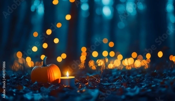 Fototapeta Halloween pumpkins with candles in the dark forest, blurred background of glowing lights and bokeh effect.