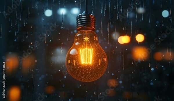 Fototapeta 3D rendering of a glowing light bulb hanging against a dark background with bokeh lights and raindrops.