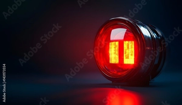Fototapeta Red flashing siren, emergency light with a glowing red lens on a dark background.