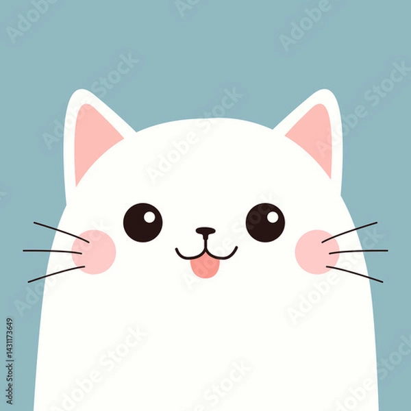 Fototapeta White cat kitten face head. Cute cartoon funny smiling kitty character. Kawaii animal. Happy Valentines Day. Greeting card. Flat design. Blue background. Isolated. Vector illustration