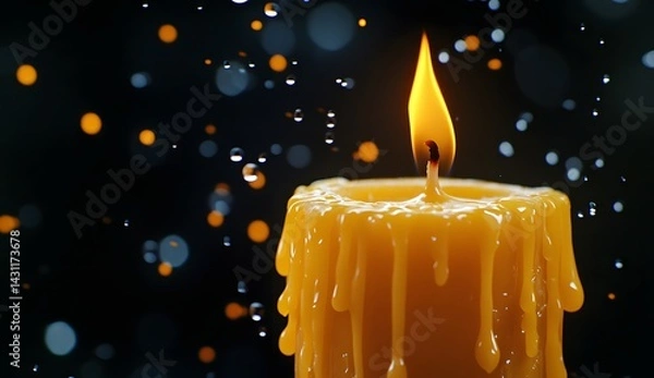 Fototapeta Yellow candle burning on a dark background with water droplets. Yellow wax dripping down the side of a tall,