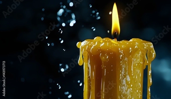 Fototapeta Yellow candle burning on a dark background with water droplets. Yellow wax dripping down the side of a tall,