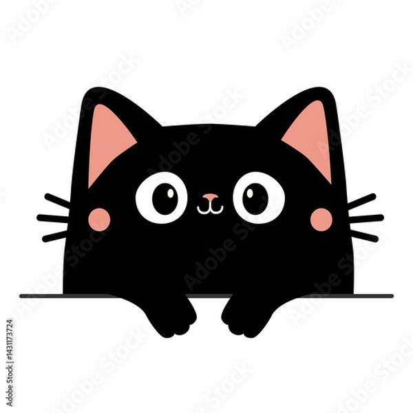 Fototapeta Cute cat kitty black silhouette holding empty paper. Peeking kitten. Paws. Kawaii cartoon funny baby character. Happy Valentines Day. Childish style. Greeting card. Flat design White background Vector