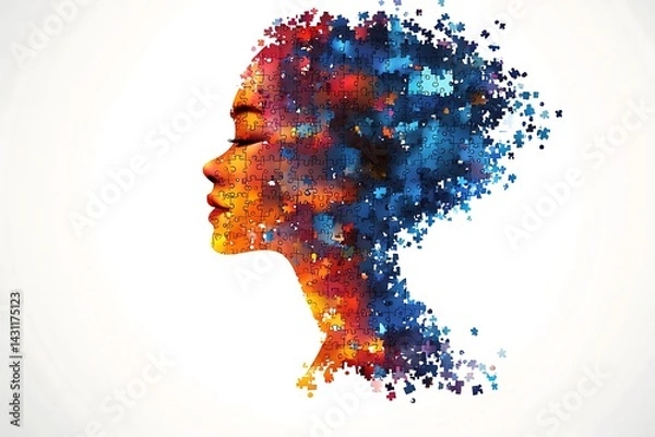 Obraz Woman Profile Silhouette Made of Colorful Puzzle Pieces on White Background