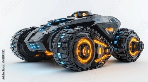 Fototapeta Futuristic off-road vehicle with glowing accents.  A highly advanced, armored all-terrain vehicle with intricate details and vibrant lighting