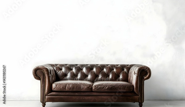 Fototapeta Photorealistic brown leather loveseat isolated on a white background, with a detailed and intricate design featuring visible stitching in the fabric of each diamond-patterned button.