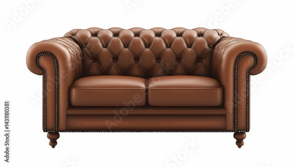 Obraz A brown leather sofa with deep seats and buttons, isolated on a white background. The vintage loveseat is made of high-quality leather, showcasing its natural texture and soft sheen.