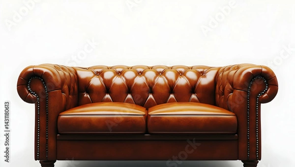 Obraz A brown leather sofa with deep seats and buttons, isolated on a white background. The vintage loveseat is made of high-quality leather, showcasing its natural texture and soft sheen.