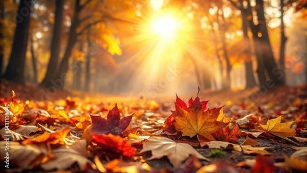 Fototapeta Autumnal Woodland Path Sunlit Carpet of Fallen Leaves in a Golden Forest