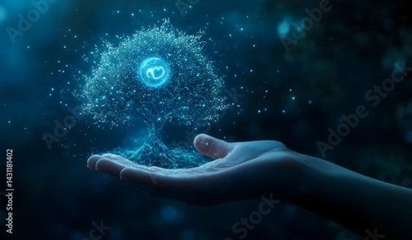 Fototapeta A businessman's hand holding a tree of life with glowing data and an artificial intelligence network on a dark blue background,
