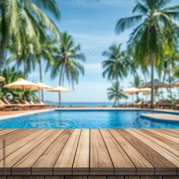 Fototapeta Serene tropical resort scene featuring a wooden deck overlooking a sparkling pool surrounded by palm trees under a clear blue sky