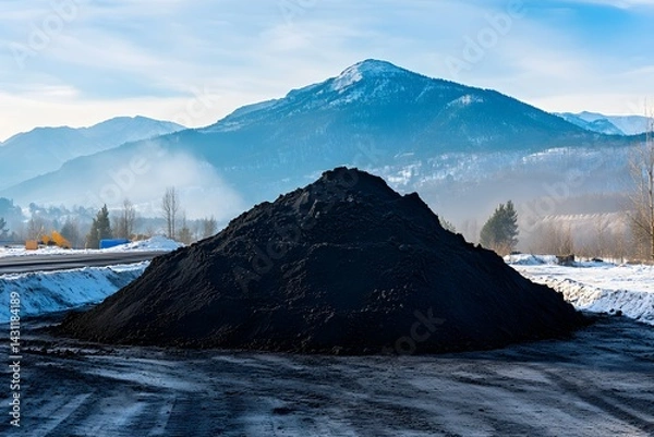 Fototapeta Black powder pile of coal on a construction site background. A pile of black soil on a mountain in the winter time. 