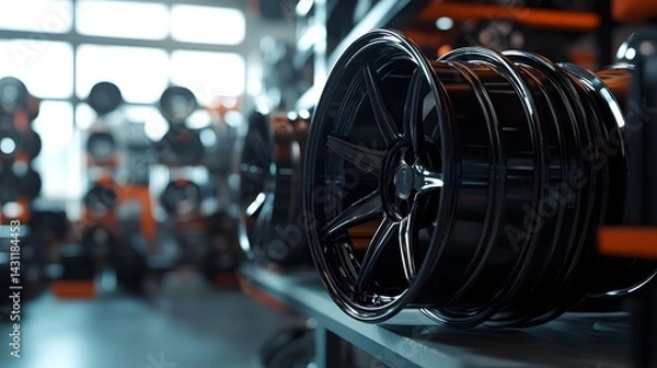 Fototapeta Close-up of new black rims on the shelf in a car workshop, with a blurred background displaying many wheels,