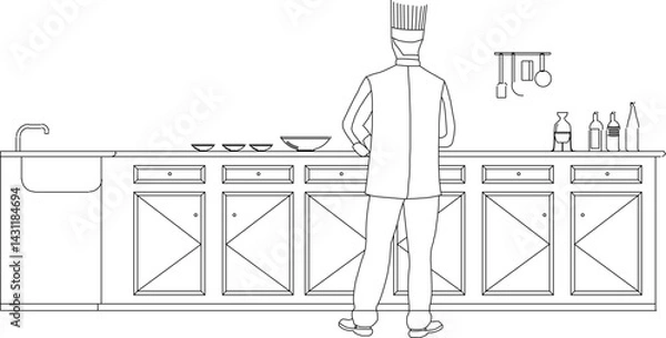Fototapeta silhouette design vector illustration sketch of people doing activities in a modern kitchen set 