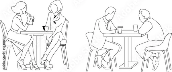 Fototapeta silhouette design vector illustration sketch of people doing relaxing activities sitting in cafes and restaurants