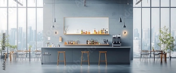 Fototapeta Modern interior bar with large windows, stools, and a city skyline view