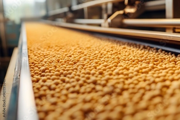 Fototapeta Close-up of raw soybeans flowing on the conveyor belt in a modern factory for processing and production, 