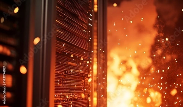 Fototapeta Photo of a close-up fire in a data center, with smoke and sparks flying, and a server rack in the foreground.