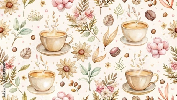 Fototapeta A Delightful Watercolor Pattern Featuring Cups of Coffee and Autumnal Floral Arrangements