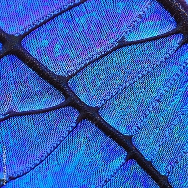 Fototapeta Close-up of a butterfly wing, showcasing iridescent blue scales and intricate vein patterns.