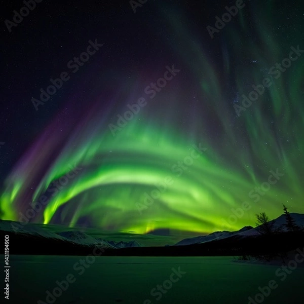Fototapeta Spectacular aurora borealis display painting the night sky with vibrant green and purple hues.