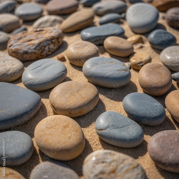 Fototapeta Collection of rounded stones of various colors nestled on a bed of fine, golden beach sand.