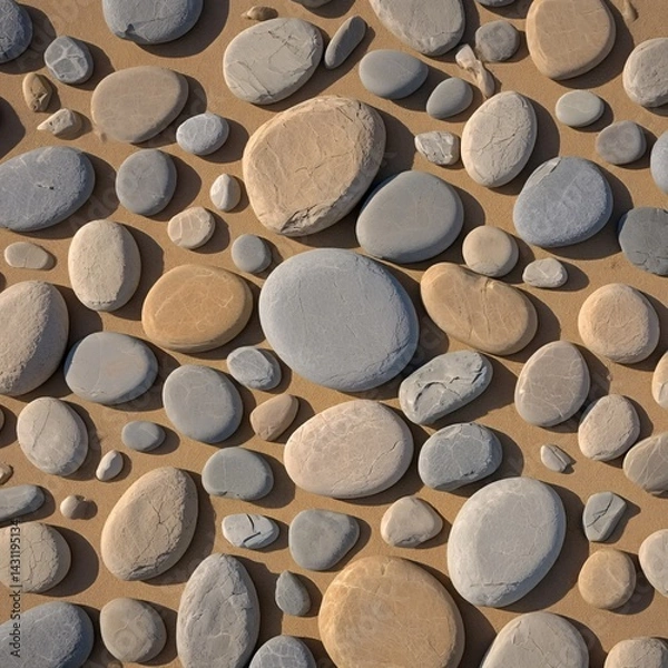 Fototapeta Pebbles of varying sizes and colors, scattered on a sandy surface, creating a textured scene.